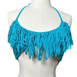 Y2K Western Boho Turquoise Blue Fringe Halter Bikini Top Triple Strap Back S
